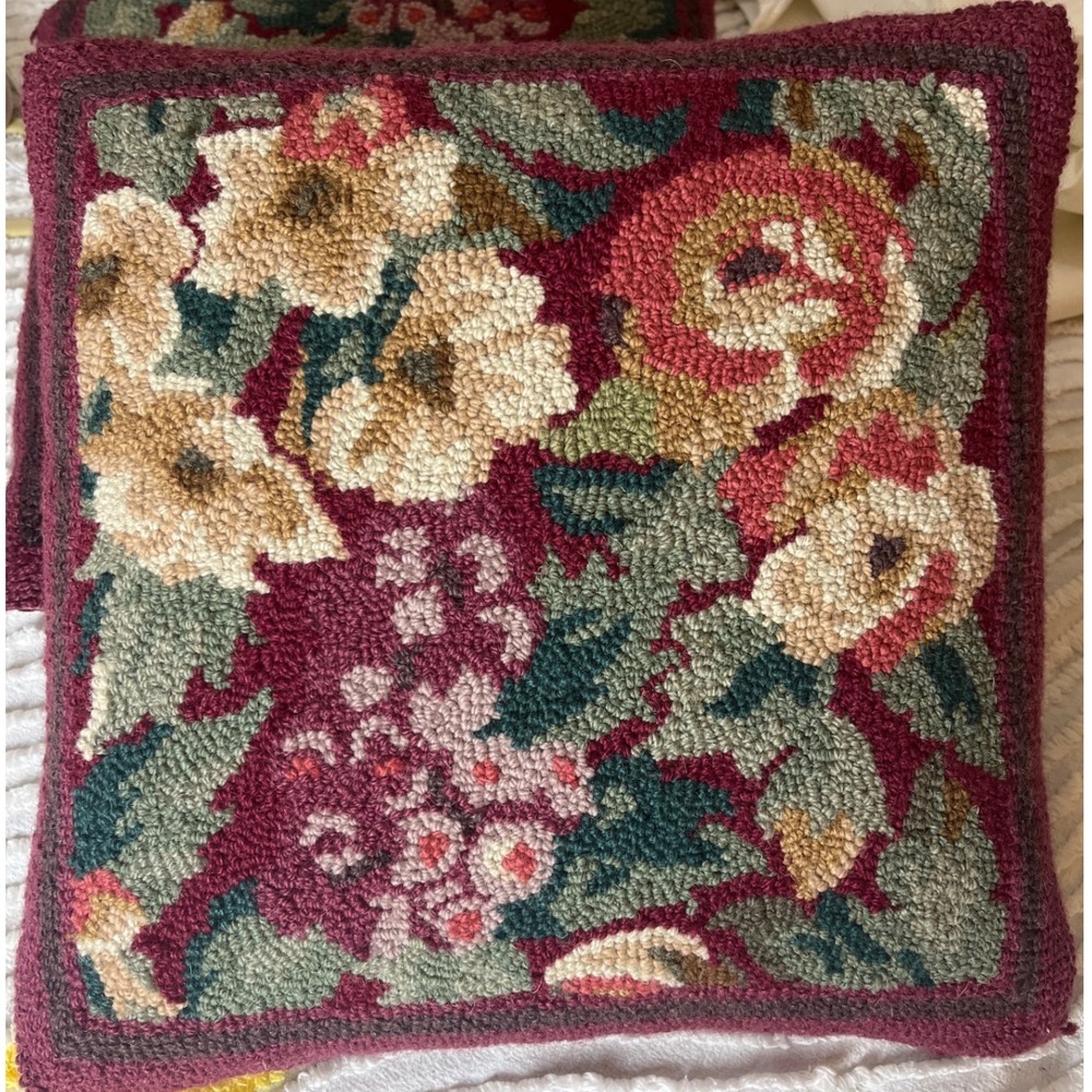 Vintage Hooked Wool Floral Throw Pillow Burgundy Velvet Back 15x15 Square Rose